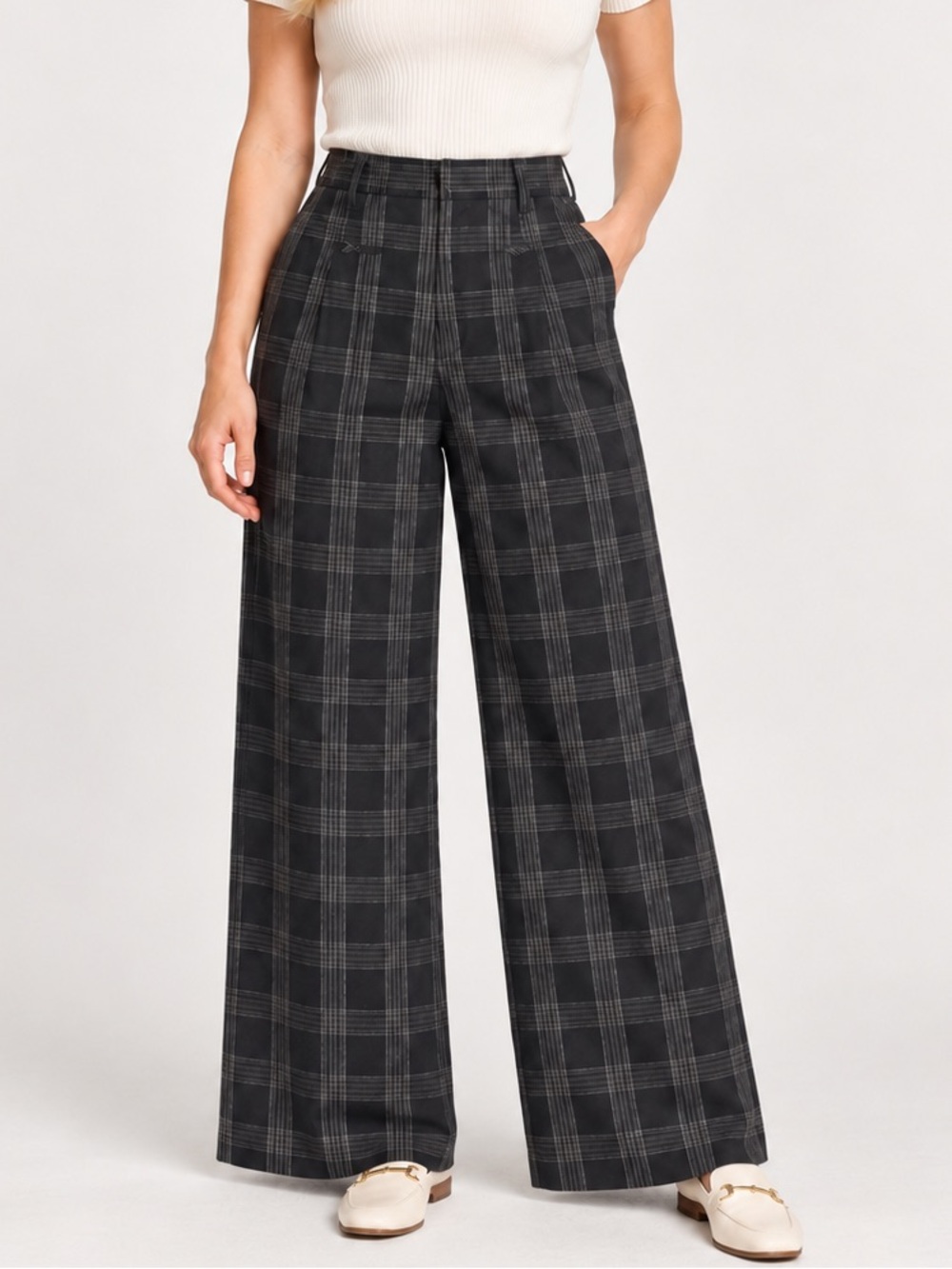 Vince Plaid Wide Leg Trousers Navy Gray Size 6